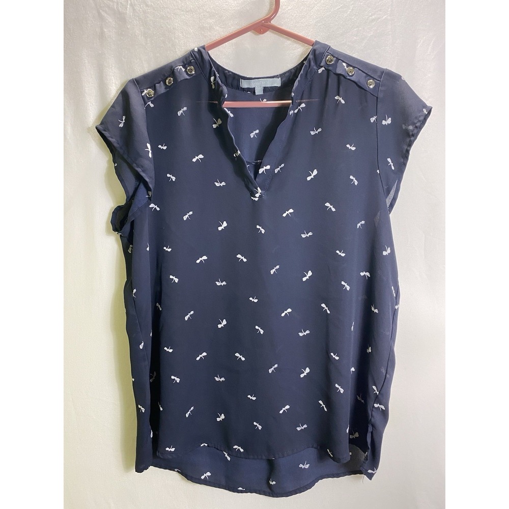 Navy Printed Cap-Sleeve Blouse